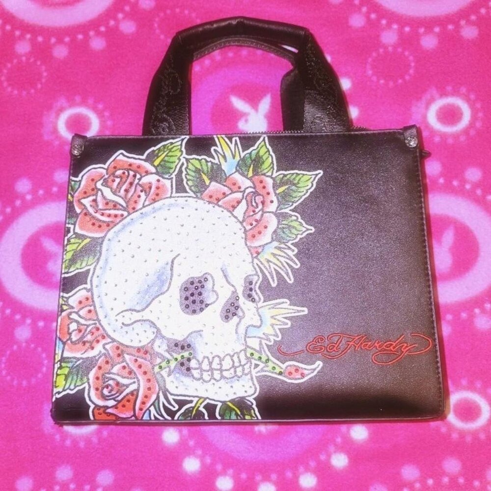 Ed Hardy Vintage Mcbling Style Tote Bag  - Rhinestone Skull Tattoo